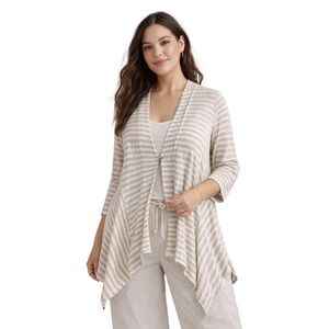Soft Surroundings Cascadia Linen Striped Drape Cardigan L Beige White Button